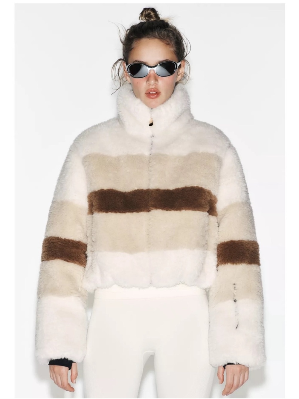 Zara Striped Teddy Jacket in Cream and Brown